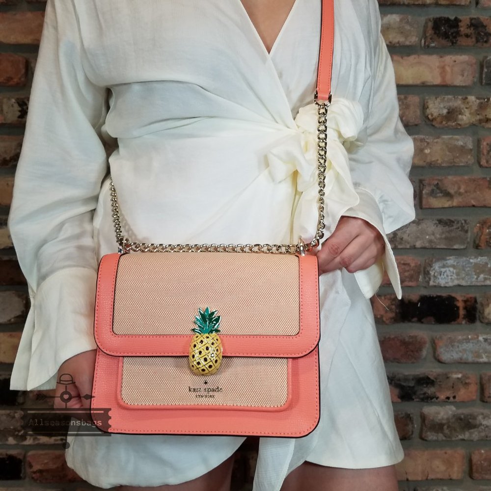 AUTHENTIC Coral Beige Kate Spade Remi Pineapple Flap Chain Crossbody CANVAS - Picture 7 of 8